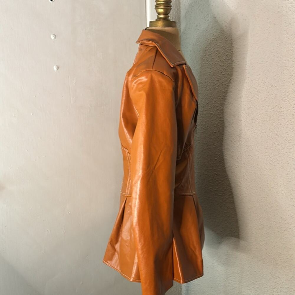 Pressed Brown Zip Up Peplum PU Jacket Swing Coat XL Boho Indie Rocker Glam Retro - Picture 3 of 12